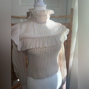 ZARA Cream Ruffle High Neck Blouse Knit Corset Top Boho Romantic S
